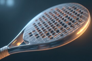Close-up of a modern tennis racket showcasing its intricate string pattern and sleek design, illuminated by soft lighting, emphasizing the craftsmanship and performance features of the sports equip
