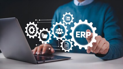 Enterprise resource planning is shown with a laptop and graphic gears representing system, management, integration, efficiency, and collaboration for modern business solutions.