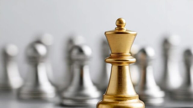 Golden queen chess piece towering over blurred silver pawns, commanding strategic positioning on pristine white surface