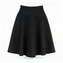 Elegant dark knit skirt, high waisted, flares gently, showcased in studio on white background
