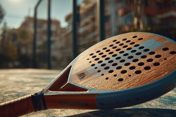 Close-up of a colorful padel racket resting on the court surface, showcasing its unique design and perforated head, with blurred background of a sports facility and sunlight illuminating the scene