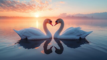 Two graceful swans create a heart shape with their necks during a golden and dreamy misty sunset