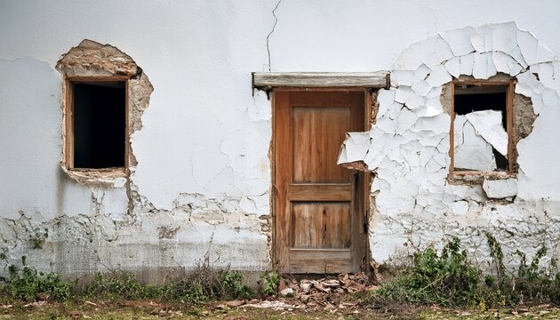 destroyed white wall of abandoned building with wooden door - Powered by Adobe