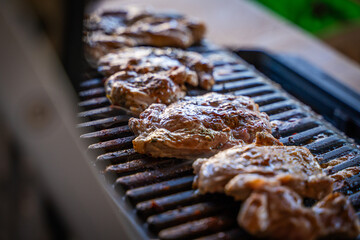 Pork steak being grilled on an electric grill, close-up