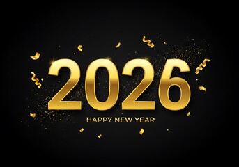 Golden 2026 new year celebration with confetti on black