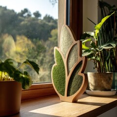 Wooden leaf sculpture on windowsill