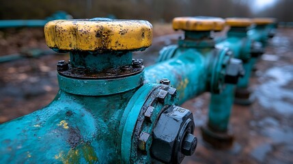 Close-up view of a series of rusty teal colored pipes and valves.