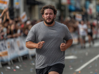 Overweight male runner participating in city street race, crowd cheering behind