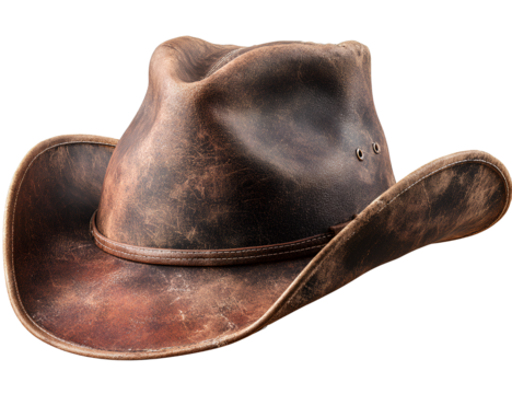 Classic Brown Leather Cowboy Hat with Curved Brim, Front View, Isolated on Transparent Background