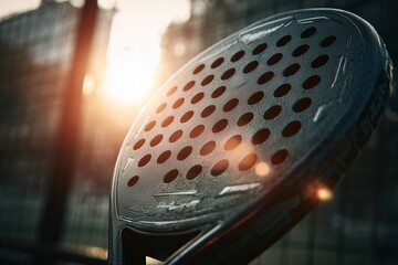 Close-up of a padel racket with perforated surface, showcasing its design and texture, illuminated by warm sunlight during a game on an outdoor court with a blurred background
