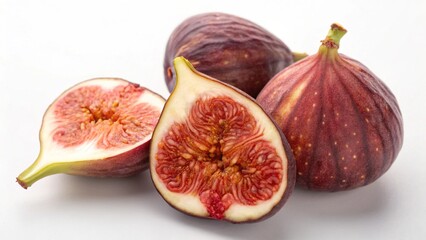 A closeup of fresh figs, some cut in half, showcasing their vibrant color, isolated on white background