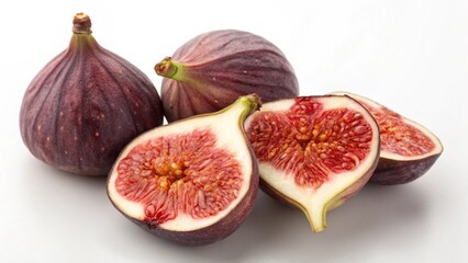 A few fresh figs, some cut in half, revealing their vibrant red interiors, isolated on white background