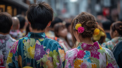 Obraz premium Back View of People Wearing Yukata Walking in the Crowd at Awa Odori Festival Capturing the Festive Atmosphere and Flow of Participants in a Joyful Street Parade
