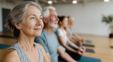 Senior woman smiling during yoga class with friends in fitness studio