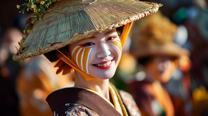Performer With Painted Face and Straw Hat Smiling at Awa Odori Festival Representing Artistic Expression and Cultural Uniqueness of Japan’s Iconic Dance Event