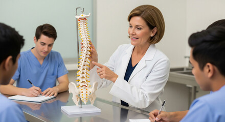 Doctor demonstrates spine anatomy on model during training for intern students at medical university