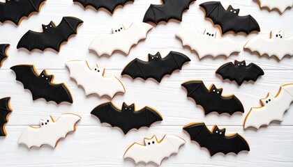 Halloween cookies arranged on white wood