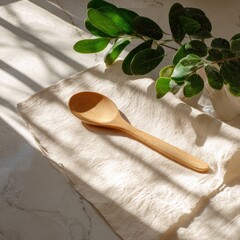 Wooden spoon on linen cloth with natural light
