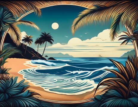 exotic seascapes with palm trees and ocean waves in frame