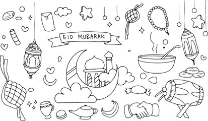  Eid Celebration Doodle Vector – Mosque, Crescent Moon, Lantern, Star, Islamic, Festival, Culture, Prayer, Halal, Religion, Mubarak, Spiritual, Fasting, Minimal, Outline