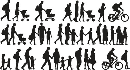Silhouette Illustration Families Walking, Holding Hands, Strolling with Baby Strollers, Cyclist, Design