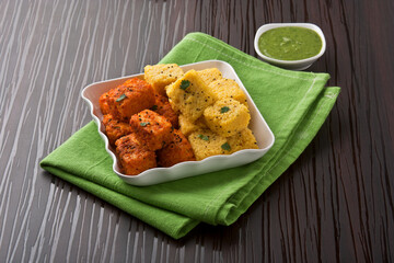 Vadodara, Gujarat / India - January 07, 2015 : Spicy Khaman, an Indian snack.