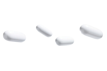 White medicine capsules floating, cutout on transparent background.