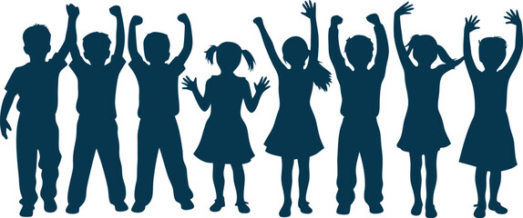 Silhouettes of Cheering Children Celebrating Victory, Teamwork, Unity, and Group Success