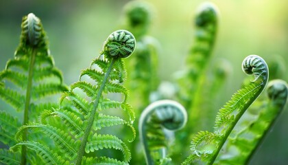 curled fern fronds in soft light green vertical botanical background forest plant texture spring foliage macro nature closeup peaceful atmosphere wellness theme eco calm selective focus