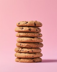 Sweet Stack: A tower of freshly baked cookies, each studded with rich chocolate chips, stands tall against a soft pastel backdrop, representing a simple pleasure.