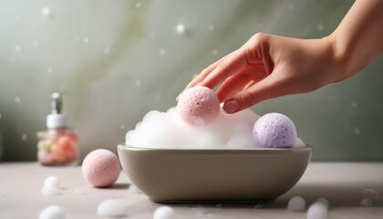 hand touching foam in mini bathtub with bath bombs spa and skincare concept