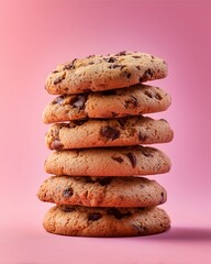 Chocolate Chip Cookie Tower: A delightful stack of freshly baked chocolate chip cookies, arranged perfectly, offers a tempting view that evokes a feeling of warmth, happiness and delight. 