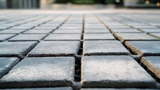 Minimalist urban texture, gray cobblestone pavement extending forward, creating clean geometric lines with smooth ground perspective