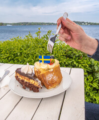 Delicious Cake with Swedish Flag by the Waterfront
