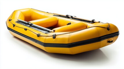 Inflatable Raft on display: This inflatable raft, designed for river adventures, stands out with its vibrant yellow exterior, poised to carry explorers on thrilling aquatic journeys.