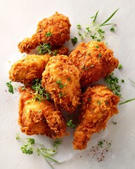 Golden Fried Chicken Feast: Savor the crispy perfection of golden-brown fried chicken, a culinary delight, surrounded by vibrant herbs, offering a visual and flavorful experience.