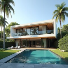 exterior of amazing modern minimalist cubic villa with large swimming pool