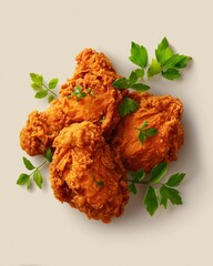 Crispy Fried Chicken: Three pieces of golden, crispy fried chicken, garnished with fresh herbs, offer a tantalizing glimpse of delicious comfort food.