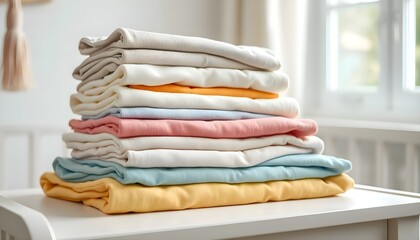 A pile of folded baby clothes in pastel colors is placed on the changing table.