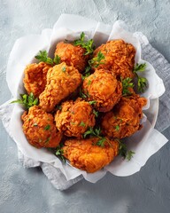 Golden Fried Chicken: An appetizing close-up showcases crispy, golden-brown fried chicken pieces arranged on a plate, garnished with fresh herbs. Ideal for culinary projects.