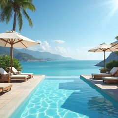 terrace in villa with sunbeds and swimming pool