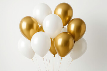 cluster of blank and golden balloons filled with helium air isolated on white