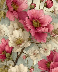 Stylized Vintage Pink and White Floral Seamless Pattern