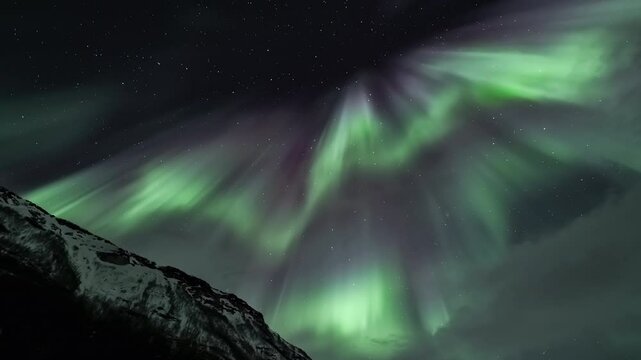 Aurora borealis above a snowy mountains, tilt up left