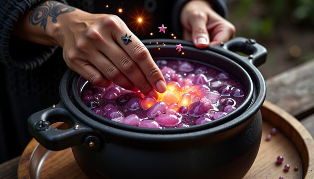 Witch’s hand stirring a cauldron with magical glowing contents   - Powered by Adobe