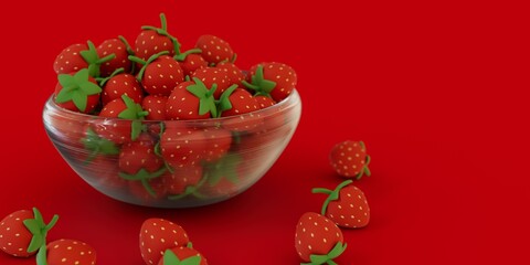Stylized strawberries in a glass bowl isolated on a red infinite floor 3D computer generated image with copy space