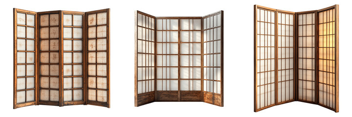Set of Vintage Folding Japanese Room Dividers with Wooden Lattice and White Rice Paper Panels on Transparent Background