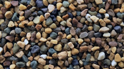 Close-up view of multicolored pebbles on beach. Neural network AI generated