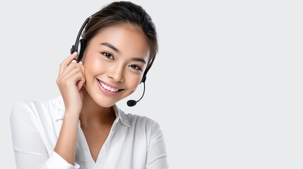 Customer service representative smiling in a bright office setting