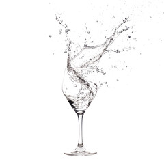 Dynamic water splash erupting from a wine glass against a white background